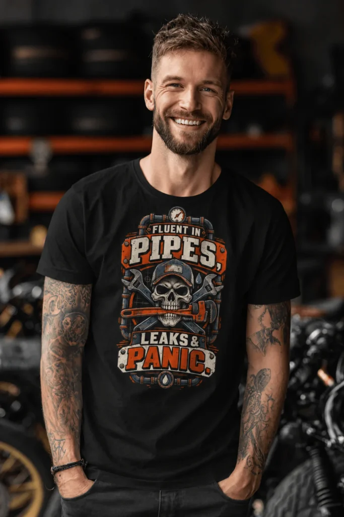 Plumber Skull T-Shirt — "Fluent in Pipes, Leaks and Panic" Workwear Tee — black t-shirt, model photo | Pressure Tested Co
