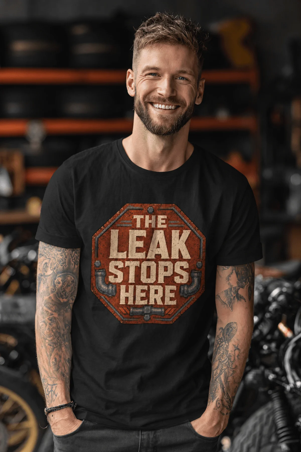 "The Leak Stops Here" Stop Sign Badge Style — Plumbing Repair Tech Humorous Tee — black t-shirt, model photo | Pressure Tested Co