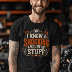 I Know A Shocking Amount Of Stuff T-Shirt — Electrician Science Humorous Tee — black t-shirt, model photo | Pressure Tested Co