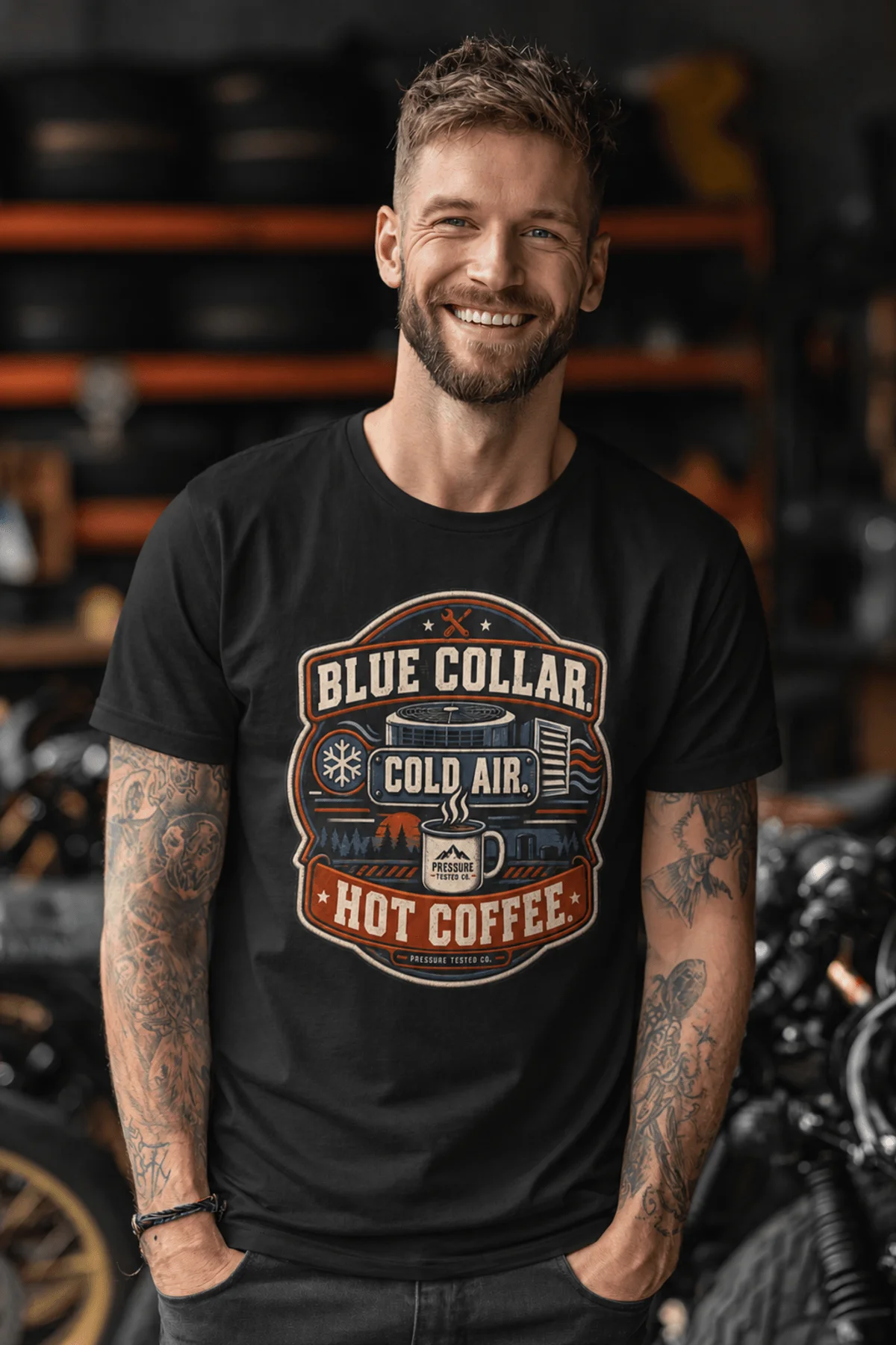 'Blue Collar. Cold Air. Hot Coffee.' T-Shirt — Funny Retro Industrial HVAC Tee — black t-shirt, model photo | Pressure Tested Co