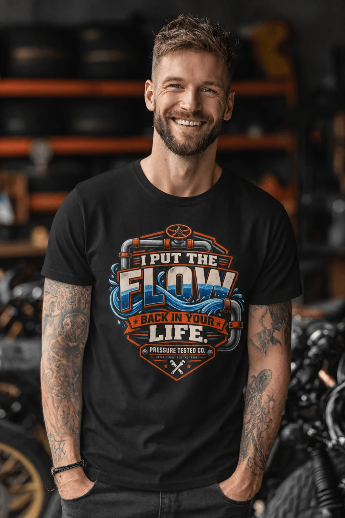 'I Put The Flow Back Into Your Life.' T-Shirt — Funny Retro Industrial Plumber's Tee — black t-shirt, model photo | Pressure Tested Co