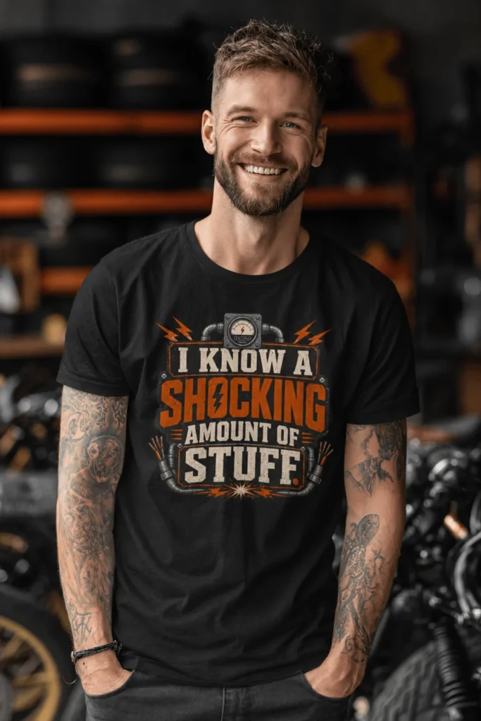 I Know A Shocking Amount Of Stuff T-Shirt — Electrician Science Humorous Tee — black t-shirt, model photo | Pressure Tested Co