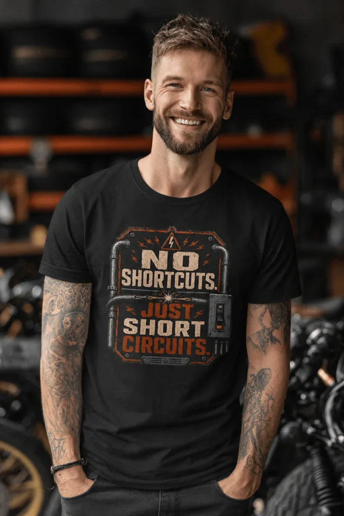 No Shortcuts Just Short Circuits T-Shirt — Funny Retro Industrial Electrician Tee — black t-shirt, model photo | Pressure Tested Co