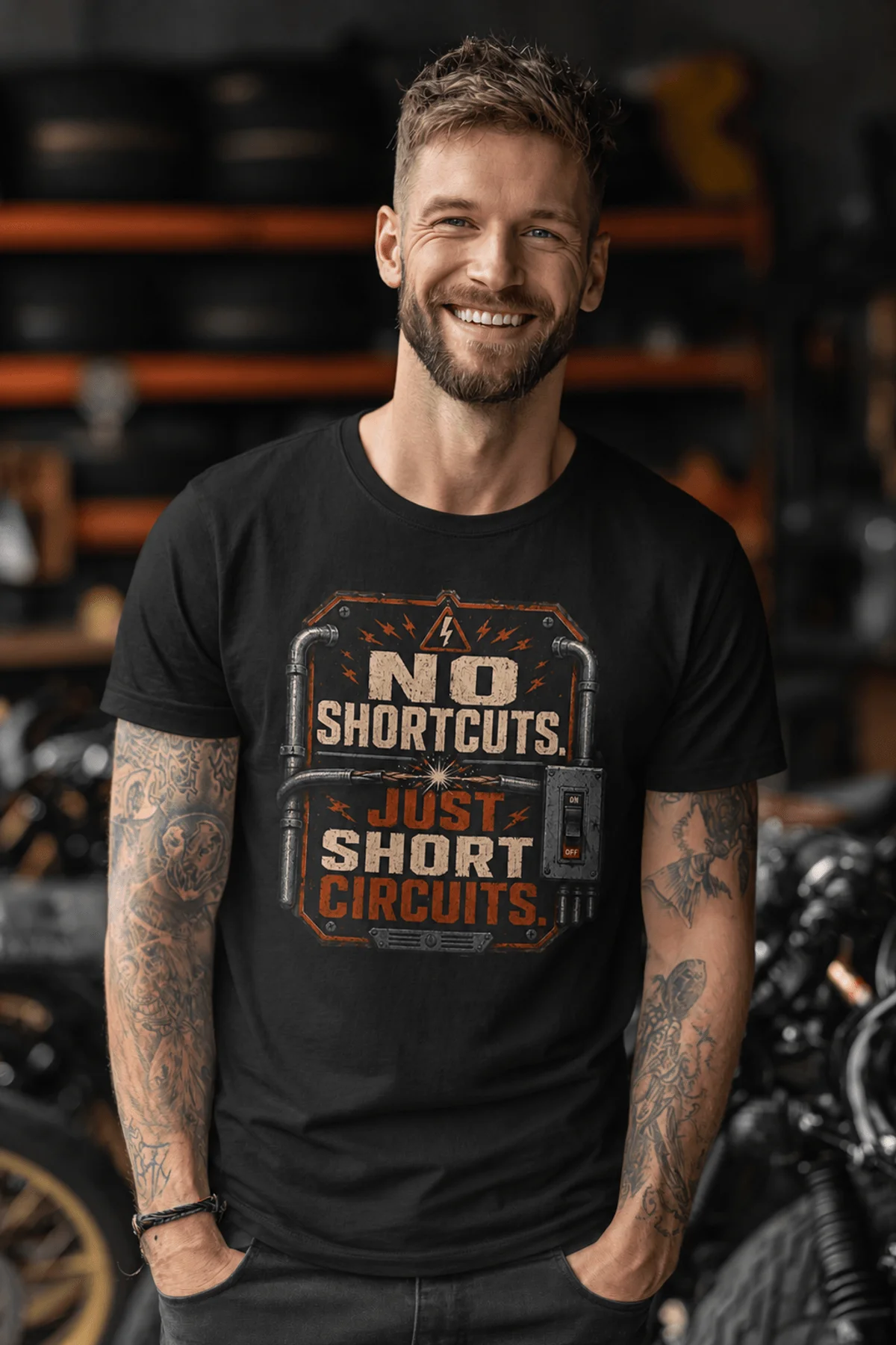 No Shortcuts Just Short Circuits T-Shirt — Funny Retro Industrial Electrician Tee — black t-shirt, model photo | Pressure Tested Co