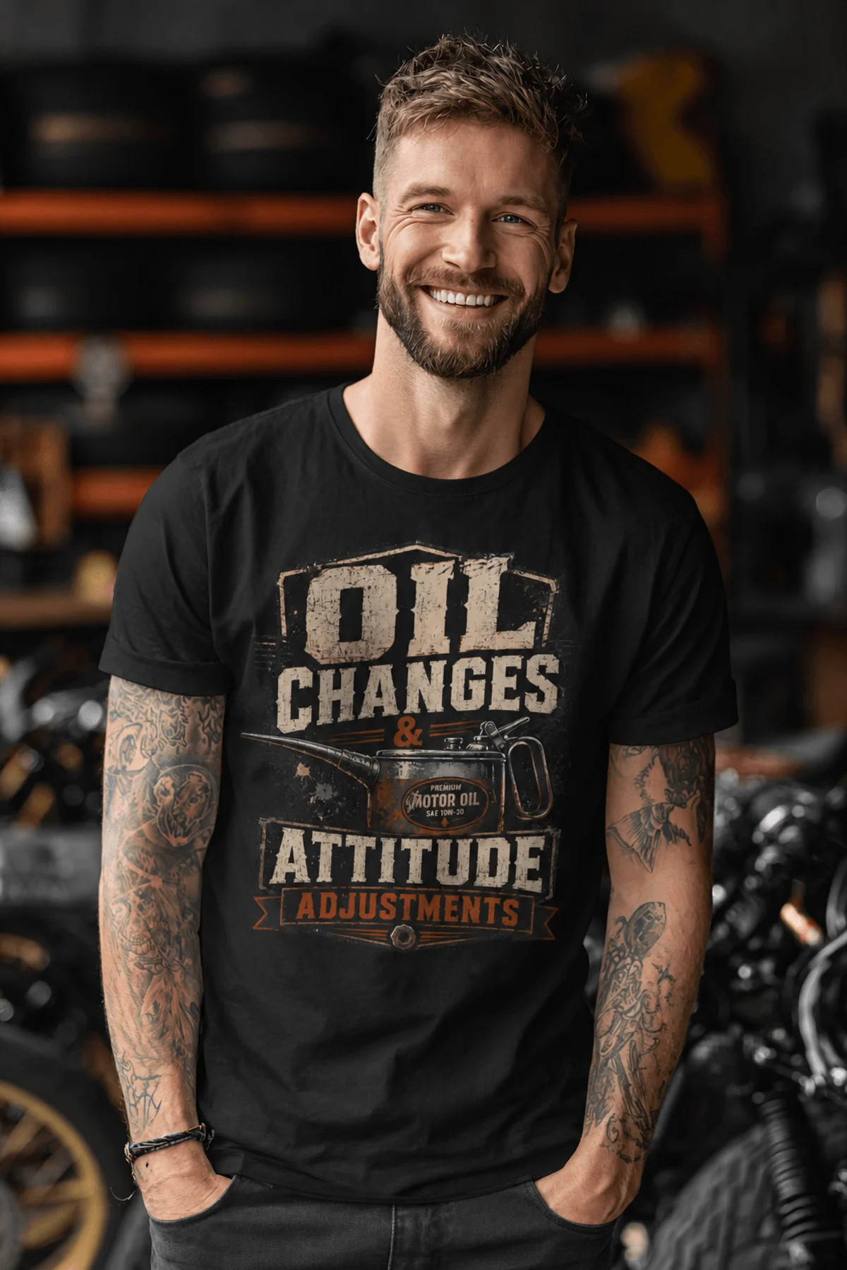 'Oil Changes and Attitude Adjustments' T-Shirt — Funny Retro Industrial Mechanic's Tee — black t-shirt, model photo | Pressure Tested Co