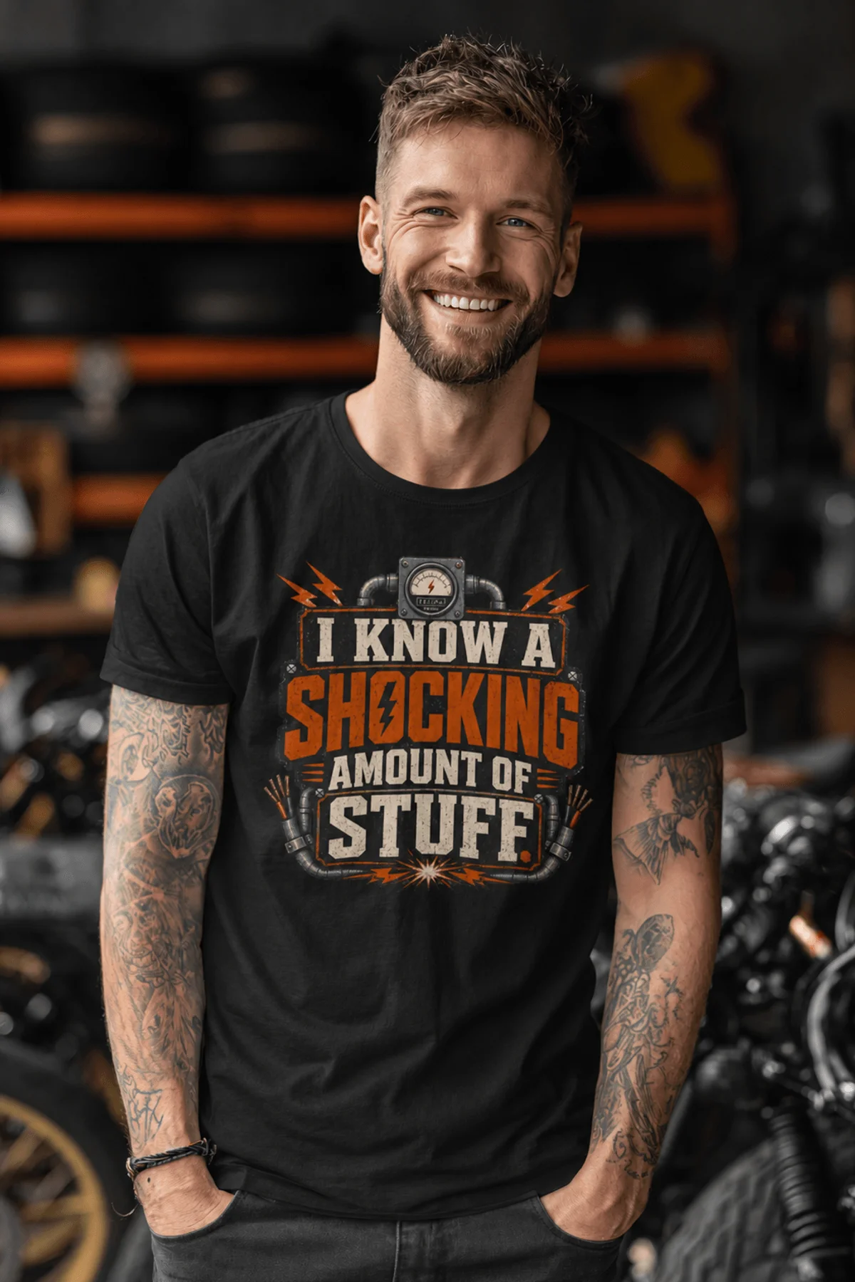 I Know A Shocking Amount Of Stuff T-Shirt — Electrician Science Humorous Tee — black t-shirt, model photo | Pressure Tested Co