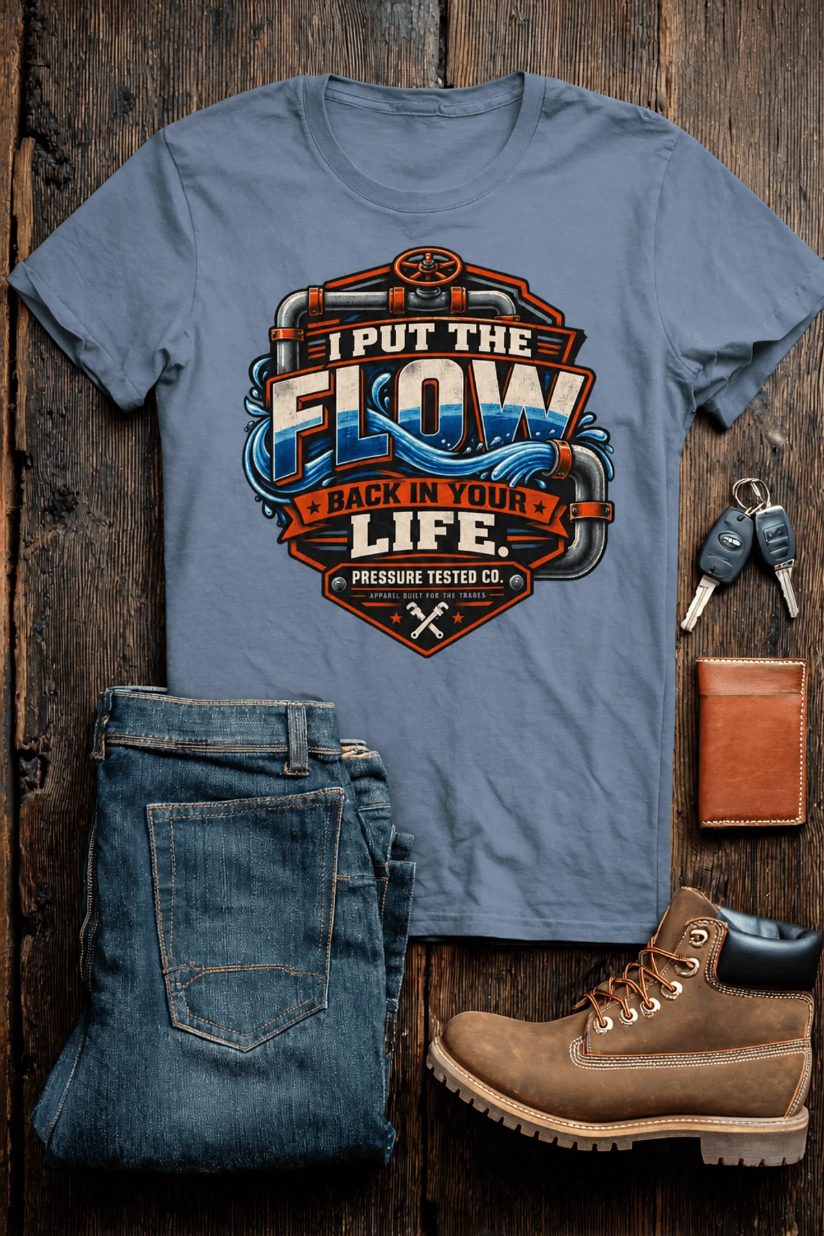 'I Put The Flow Back Into Your Life.' T-Shirt — Funny Retro Industrial Plumber's Tee — blue-jean t-shirt, flat-lay product photo | Pressure Tested Co
