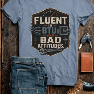 HVAC Tech T‑Shirt – "Fluent In BTUs And Bad Attitudes" — blue-jean t-shirt, flat-lay product photo | Pressure Tested Co