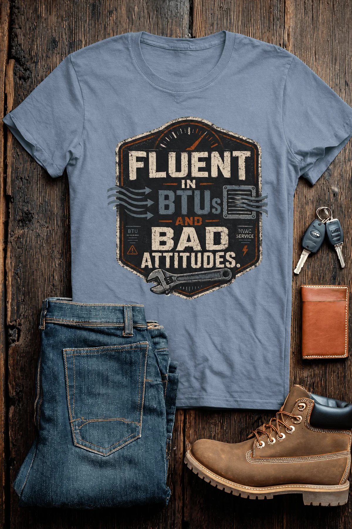 HVAC Tech T‑Shirt – "Fluent In BTUs And Bad Attitudes" — blue-jean t-shirt, flat-lay product photo | Pressure Tested Co