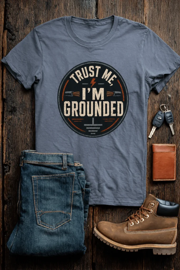 Grounded T‑Shirt – "Trust Me I'm Grounded" Electrical Tech Tee — blue-jean t-shirt, flat-lay product photo | Pressure Tested Co