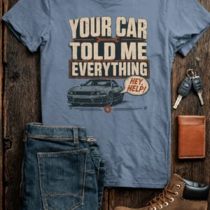 Mechanic T‑Shirt – "Your Car Told Me Everything" Vintage Graphic Design Tee — blue-jean t-shirt, flat-lay product photo | Pressure Tested Co