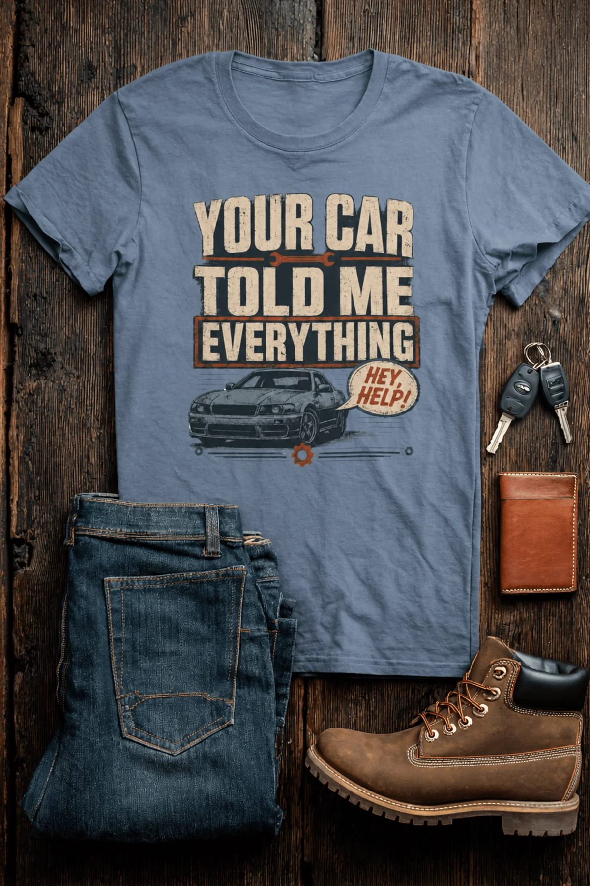 Mechanic T‑Shirt – "Your Car Told Me Everything" Vintage Graphic Design Tee — blue-jean t-shirt, flat-lay product photo | Pressure Tested Co