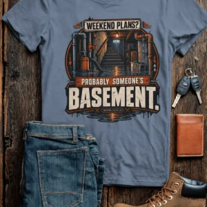Plumber T‑Shirt – "Weekend Plans? Probably Someone's Basement" Vintage Graphic Design Tee — blue-jean t-shirt, flat-lay product photo | Pressure Tested Co