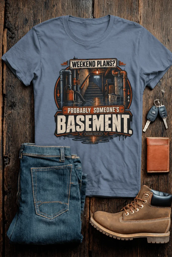 Plumber T‑Shirt – "Weekend Plans? Probably Someone's Basement" Vintage Graphic Design Tee — blue-jean t-shirt, flat-lay product photo | Pressure Tested Co
