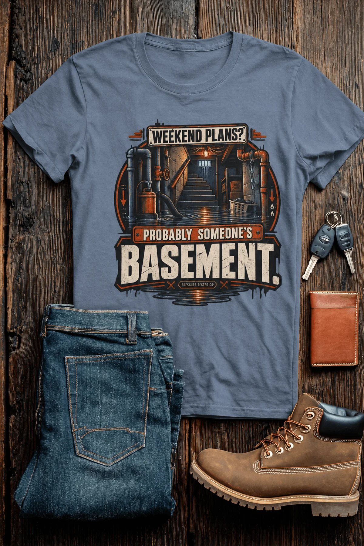 Plumber T‑Shirt – "Weekend Plans? Probably Someone's Basement" Vintage Graphic Design Tee — blue-jean t-shirt, flat-lay product photo | Pressure Tested Co