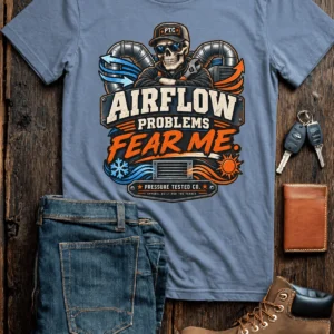 Airflow Problems Fear Me T-Shirt — HVAC Technician Skull Logo Tee — blue-jean t-shirt, flat-lay product photo | Pressure Tested Co