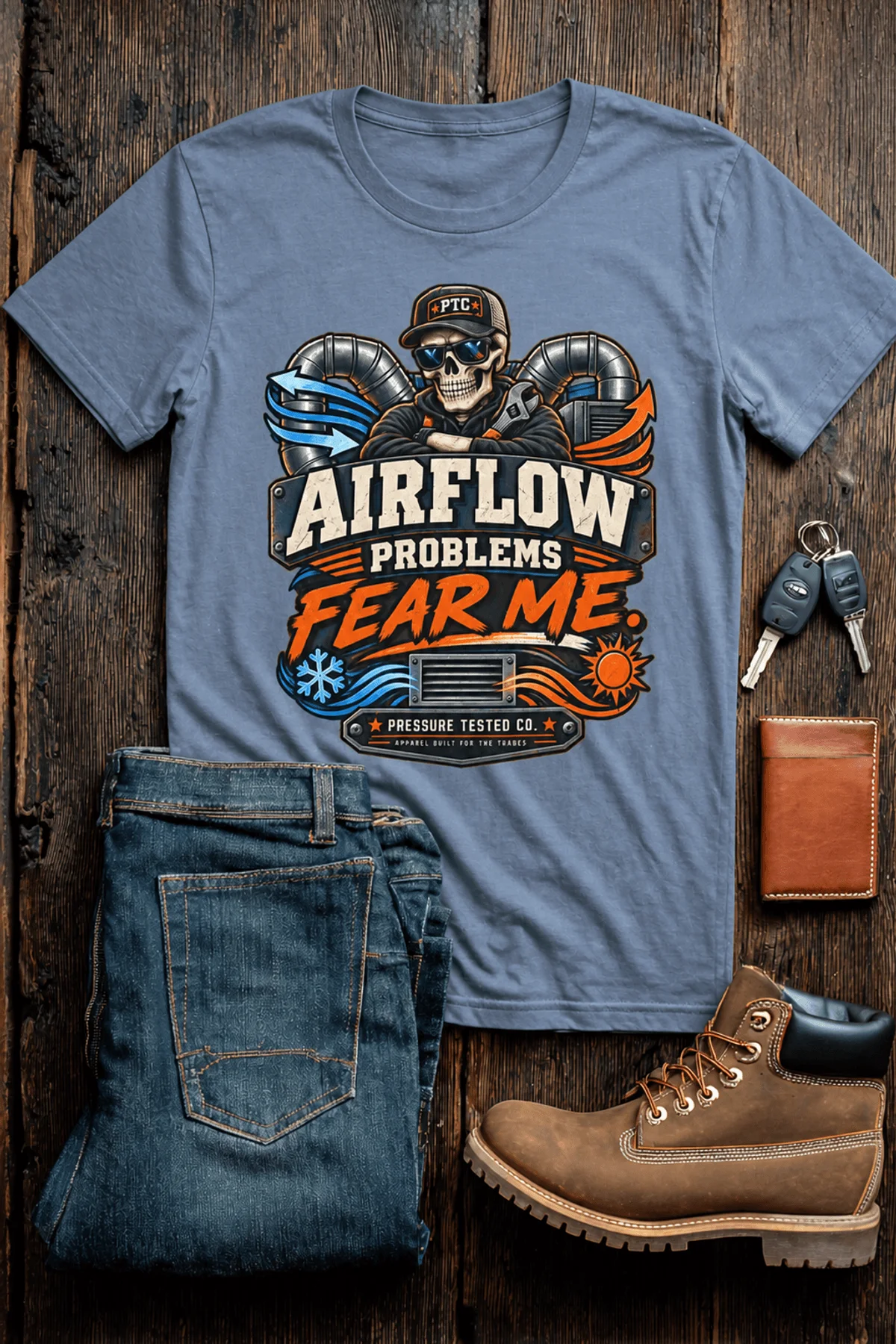 Airflow Problems Fear Me T-Shirt — HVAC Technician Skull Logo Tee — blue-jean t-shirt, flat-lay product photo | Pressure Tested Co