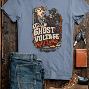 Ghost Voltage T-Shirt — 'I Chase Ghost Voltage for a Living' Vintage Electrician Tee — blue-jean t-shirt, flat-lay product photo | Pressure Tested Co
