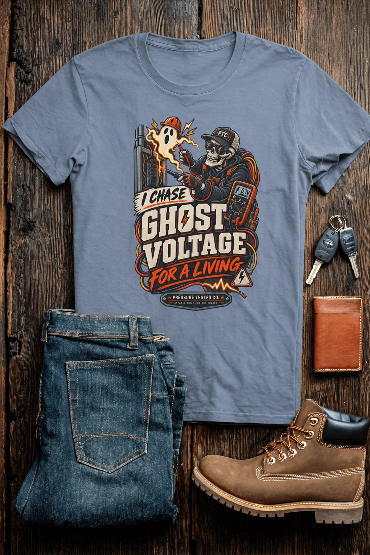 Ghost Voltage T-Shirt — 'I Chase Ghost Voltage for a Living' Vintage Electrician Tee — blue-jean t-shirt, flat-lay product photo | Pressure Tested Co