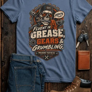 Mechanic Skull T-Shirt — "Fluent in Grease, Gears and Grumbling" Graphic Tee — blue-jean t-shirt, flat-lay product photo | Pressure Tested Co