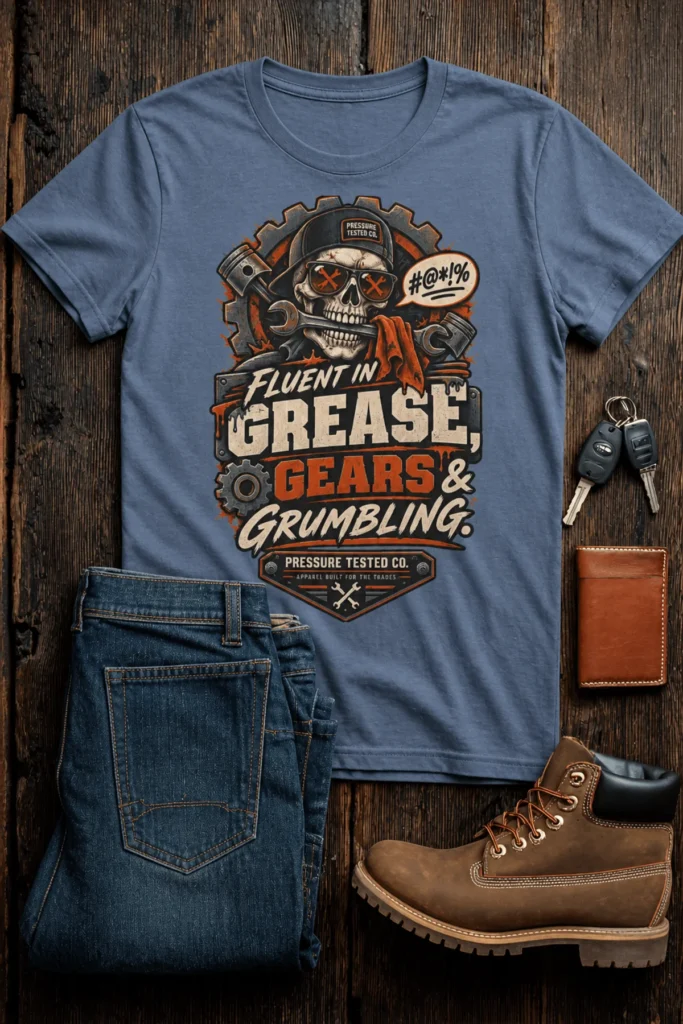 Mechanic Skull T-Shirt — "Fluent in Grease, Gears and Grumbling" Graphic Tee — blue-jean t-shirt, flat-lay product photo | Pressure Tested Co