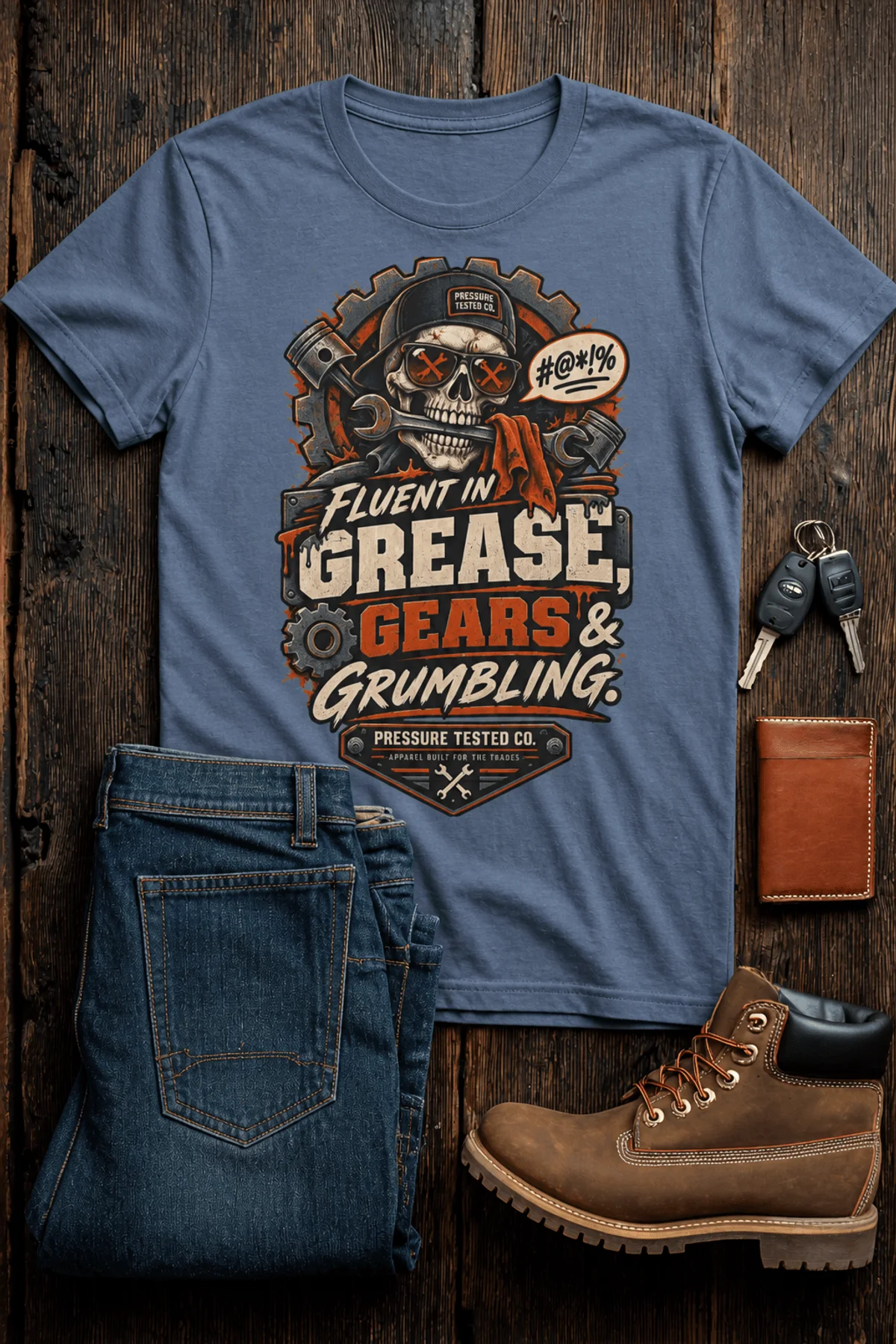 Mechanic Skull T-Shirt — "Fluent in Grease, Gears and Grumbling" Graphic Tee — blue-jean t-shirt, flat-lay product photo | Pressure Tested Co