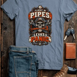 Plumber Skull T-Shirt — "Fluent in Pipes, Leaks and Panic" Workwear Tee — blue-jean t-shirt, flat-lay product photo | Pressure Tested Co
