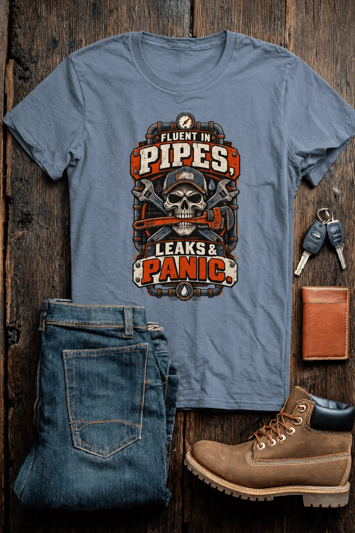 Plumber Skull T-Shirt — "Fluent in Pipes, Leaks and Panic" Workwear Tee — blue-jean t-shirt, flat-lay product photo | Pressure Tested Co