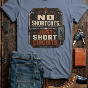 No Shortcuts Just Short Circuits T-Shirt — Funny Retro Industrial Electrician Tee — blue-jean t-shirt, flat-lay product photo | Pressure Tested Co