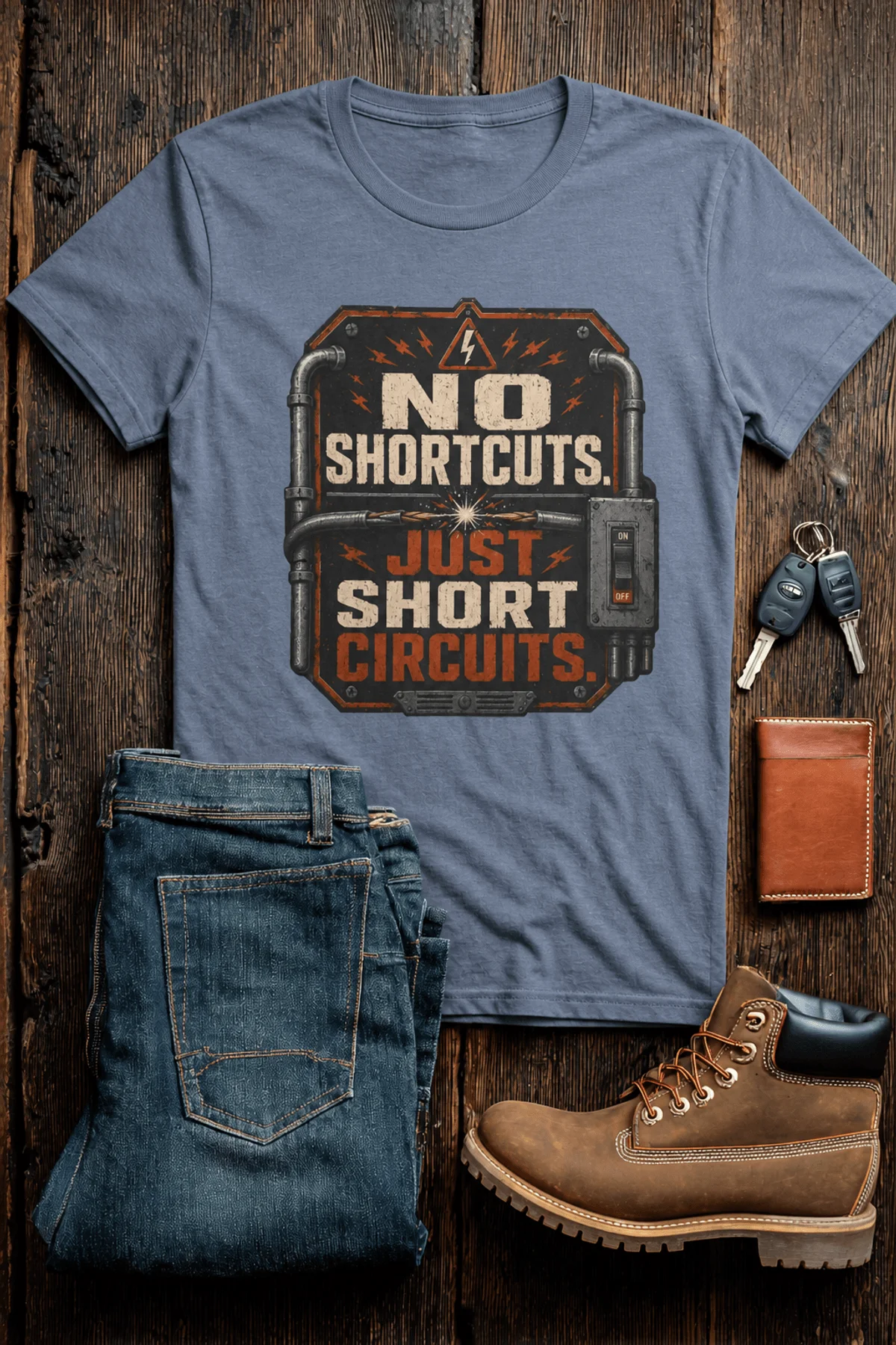 No Shortcuts Just Short Circuits T-Shirt — Funny Retro Industrial Electrician Tee — blue-jean t-shirt, flat-lay product photo | Pressure Tested Co