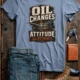 'Oil Changes and Attitude Adjustments' T-Shirt — Funny Retro Industrial Mechanic's Tee — blue-jean t-shirt, flat-lay product photo | Pressure Tested Co