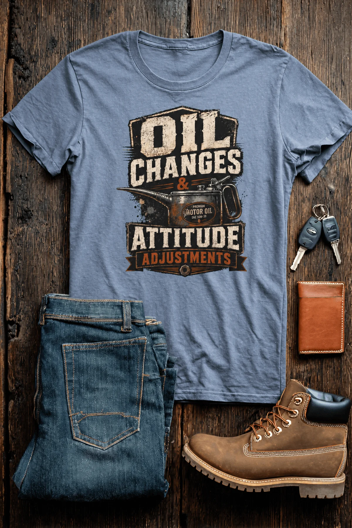 'Oil Changes and Attitude Adjustments' T-Shirt — Funny Retro Industrial Mechanic's Tee — blue-jean t-shirt, flat-lay product photo | Pressure Tested Co