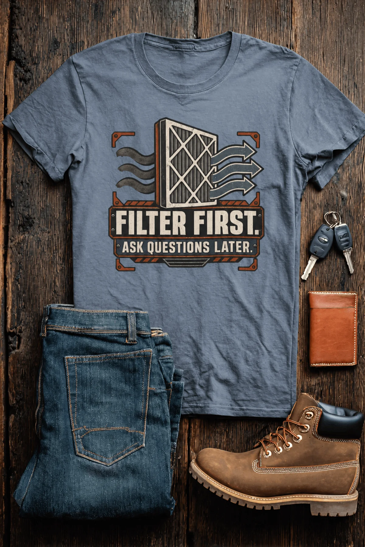 T-Shirt — "Filter First. Ask Questions Later." HVAC Air Filter Graphic — blue-jean t-shirt, flat-lay product photo | Pressure Tested Co