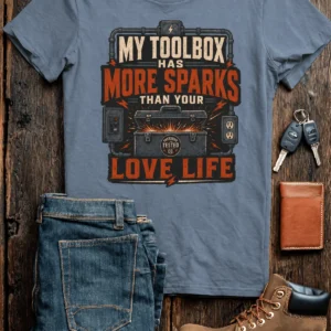T-Shirt — "My Toolbox Has More Sparks Than Your Love Life" Electrician/Mechanic Workshop Tee — blue-jean t-shirt, flat-lay product photo | Pressure Tested Co