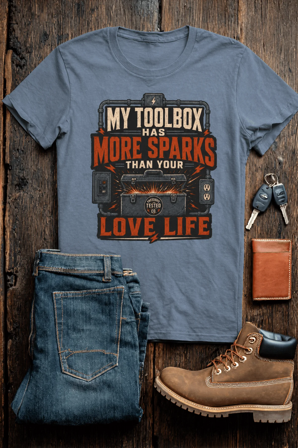 T-Shirt — "My Toolbox Has More Sparks Than Your Love Life" Electrician/Mechanic Workshop Tee — blue-jean t-shirt, flat-lay product photo | Pressure Tested Co