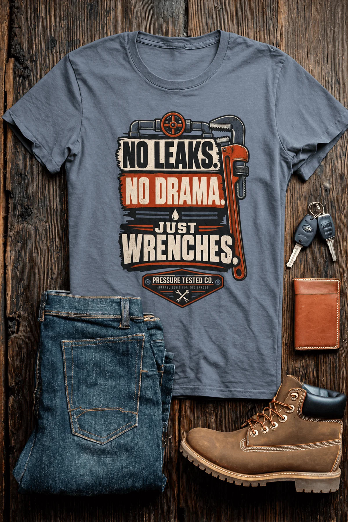 "No Leaks, No Drama, Just Wrenches" Vintage Plumbing Tee — blue-jean t-shirt, flat-lay product photo | Pressure Tested Co