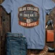'Blue Collar. Cold Air. Hot Coffee.' T-Shirt — Funny Retro Industrial HVAC Tee — blue-jean t-shirt, flat-lay product photo | Pressure Tested Co
