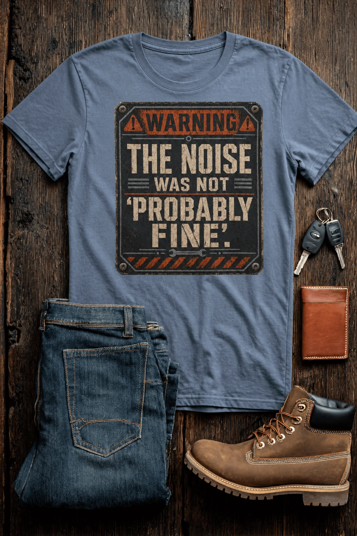 Warning Sign T-Shirt — "The Noise Was Not 'Probably Fine'" Vintage Graphic Tee — blue-jean t-shirt, flat-lay product photo | Pressure Tested Co