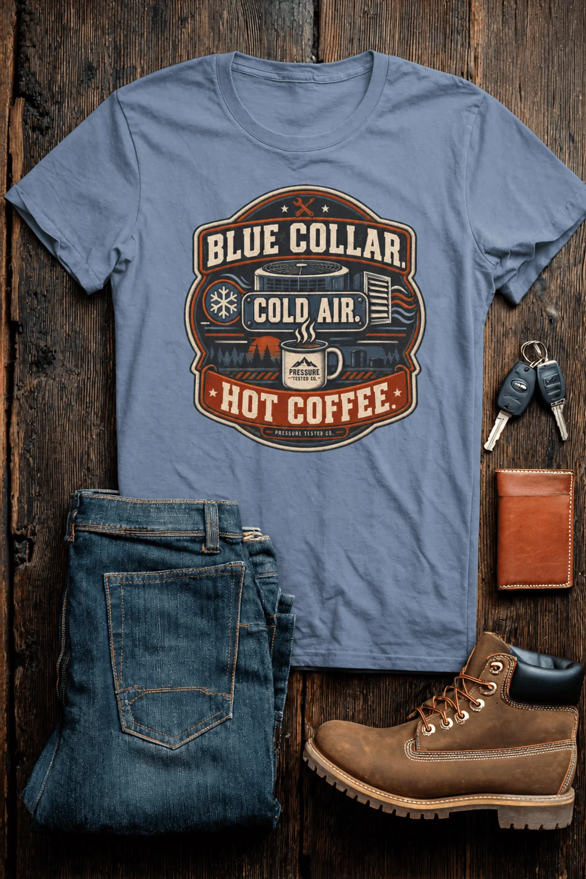'Blue Collar. Cold Air. Hot Coffee.' T-Shirt — Funny Retro Industrial HVAC Tee — blue-jean t-shirt, flat-lay product photo | Pressure Tested Co
