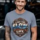 'I Put The Flow Back Into Your Life.' T-Shirt — Funny Retro Industrial Plumber's Tee — blue-jean t-shirt, model photo | Pressure Tested Co
