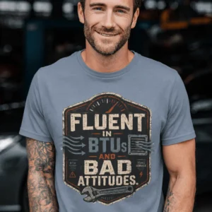 HVAC Tech T‑Shirt – "Fluent In BTUs And Bad Attitudes" — blue-jean t-shirt, model photo | Pressure Tested Co