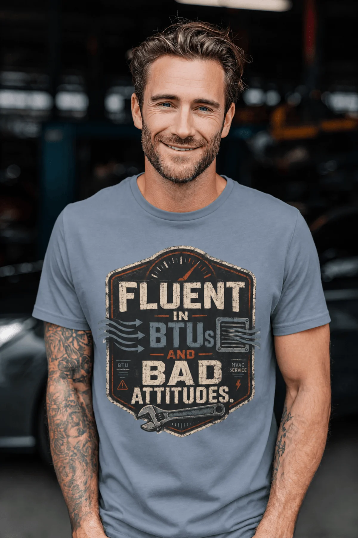 HVAC Tech T‑Shirt – "Fluent In BTUs And Bad Attitudes" — blue-jean t-shirt, model photo | Pressure Tested Co