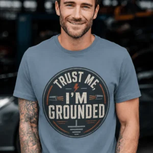 Grounded T‑Shirt – "Trust Me I'm Grounded" Electrical Tech Tee — blue-jean t-shirt, model photo | Pressure Tested Co