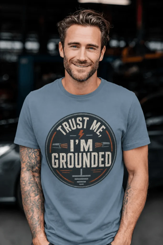 Grounded T‑Shirt – "Trust Me I'm Grounded" Electrical Tech Tee — blue-jean t-shirt, model photo | Pressure Tested Co