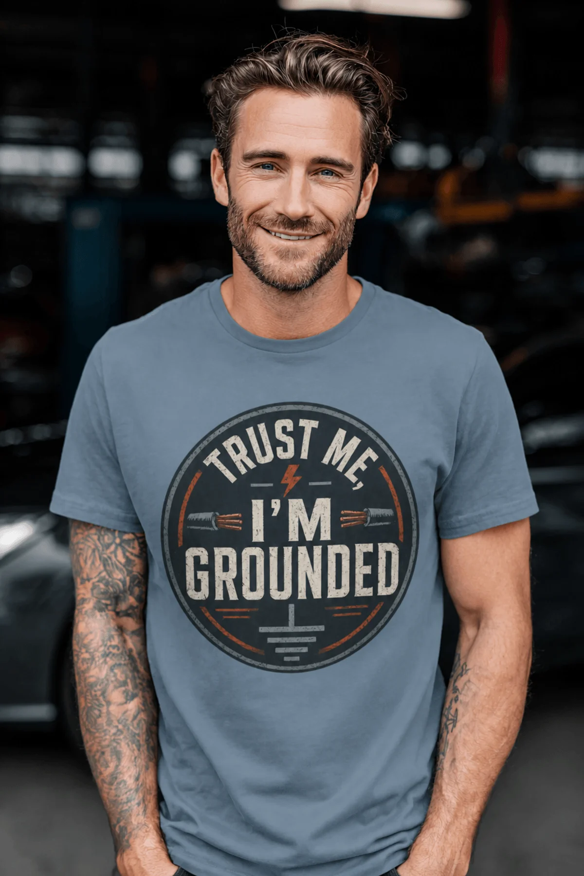 Grounded T‑Shirt – "Trust Me I'm Grounded" Electrical Tech Tee — blue-jean t-shirt, model photo | Pressure Tested Co