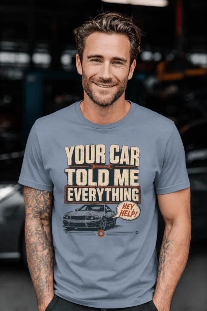 Mechanic T‑Shirt – "Your Car Told Me Everything" Vintage Graphic Design Tee — blue-jean t-shirt, model photo | Pressure Tested Co