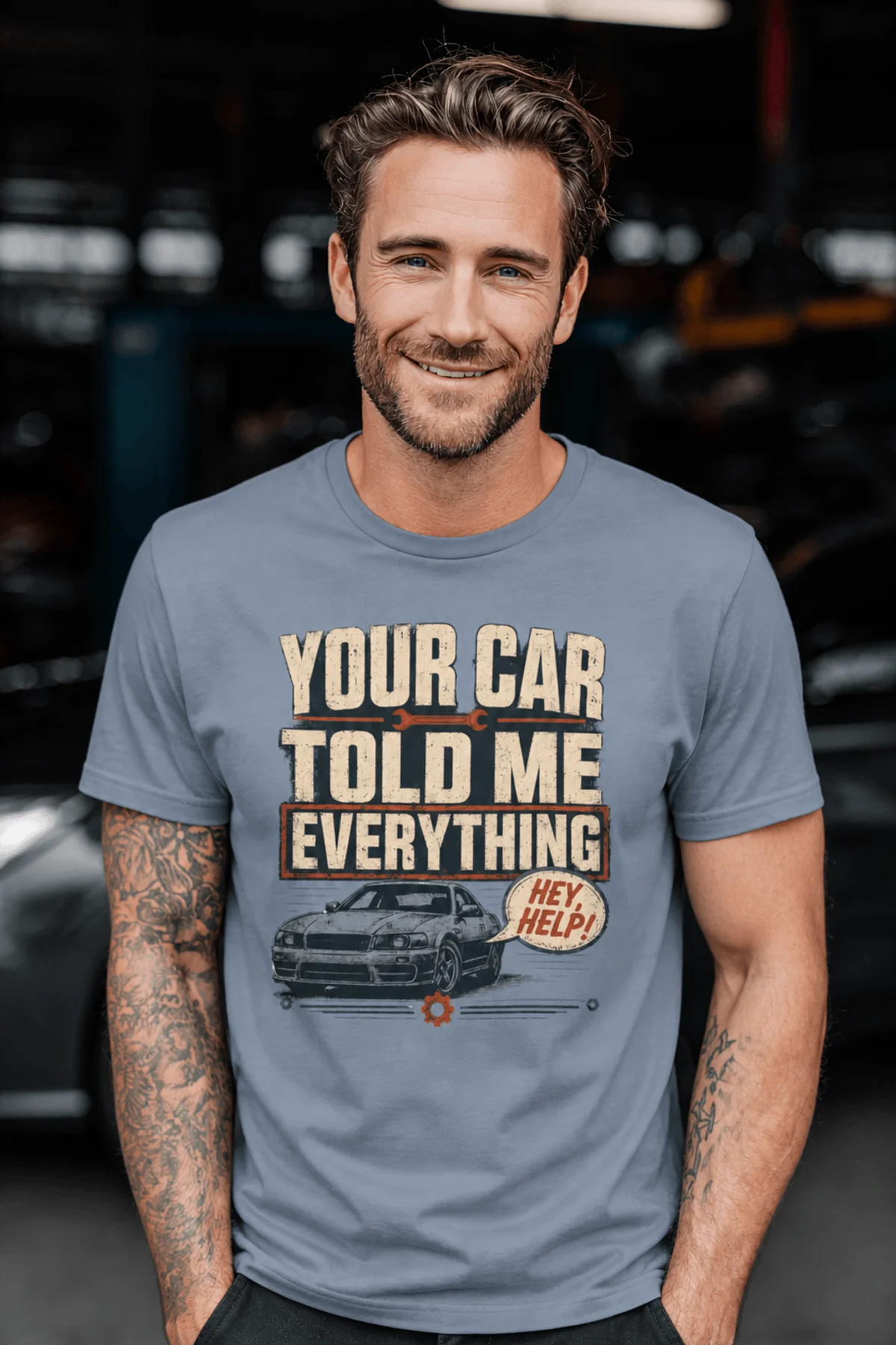 Mechanic T‑Shirt – "Your Car Told Me Everything" Vintage Graphic Design Tee — blue-jean t-shirt, model photo | Pressure Tested Co