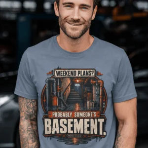 Plumber T‑Shirt – "Weekend Plans? Probably Someone's Basement" Vintage Graphic Design Tee — blue-jean t-shirt, model photo | Pressure Tested Co