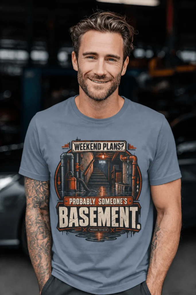Plumber T‑Shirt – "Weekend Plans? Probably Someone's Basement" Vintage Graphic Design Tee — blue-jean t-shirt, model photo | Pressure Tested Co