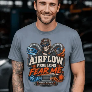 Airflow Problems Fear Me T-Shirt — HVAC Technician Skull Logo Tee — blue-jean t-shirt, model photo | Pressure Tested Co
